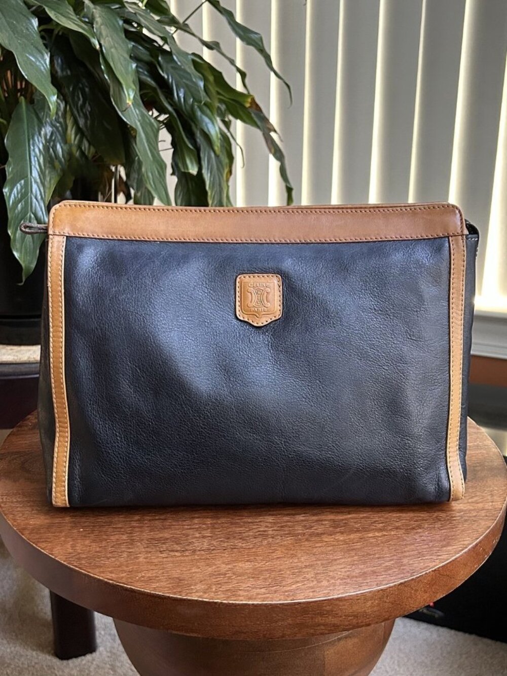 CELINE Leather Pouch Clutch, Black, British Tan